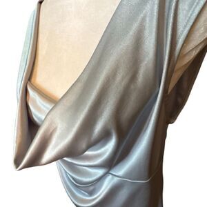 Womens Ann Taylor Blouse, size Large, Silver Gray, Satiny, Sleeveless, Cowl Neck
